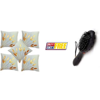                       Style Maniac Silk Decorative Golden Leaf print Cushion Covers Set of 5  Hair Massager Brush                                              