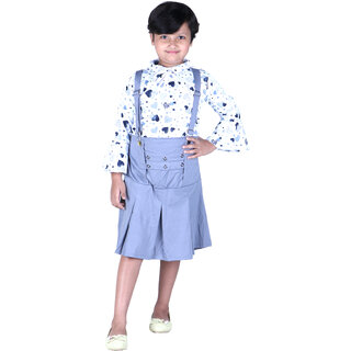                       Kid Kupboard Cotton Girls Top and Dungaree White  Blue, Full-Sleeves, Collared Neck                                              
