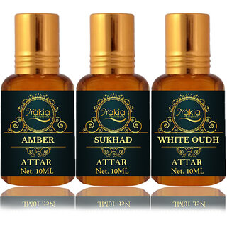                       Nakia Amber Attar, Sukhad  White Oud Attar 10ml Roll-on Alcohol-Free Itar For Unisex Combo Pack Of 3                                              