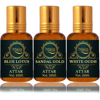                       Nakia Blue Lotus Attar, Sandal Gold & White Oud Attar 10ml Roll-on Alcohol-Free Itar For Unisex Combo Pack Of 3                                              