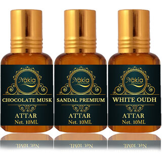                       Nakia Chocolate Musk Attar, Sandal Premium & White Oud Attar 10ml Roll-on Alcohol-Free Itar For Unisex Combo Pack Of 3                                              
