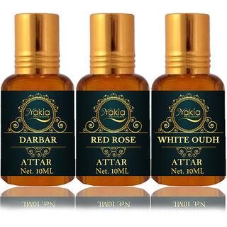                       Nakia Darbar Attar, Red Rose & White Oud Attar 10ml Roll-on Alcohol-Free Itar For Unisex Combo Pack Of 3                                              