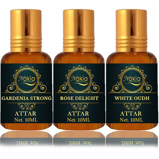                       Nakia Gardenia Strong Attar, Rose Delight & White Oud Attar 10ml Roll-on Alcohol-Free Itar For Unisex Combo Pack Of 3                                              