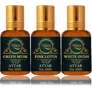                       Nakia Green Musk Attar, Pink Lotus & White Oud Attar 10ml Roll-on Alcohol-Free Itar For Unisex Combo Pack Of 3                                              