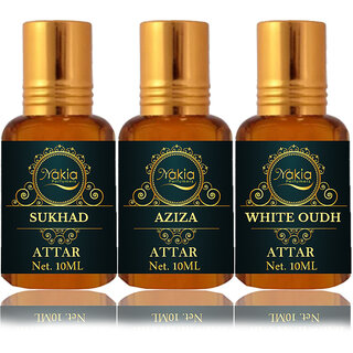                       Nakia Sukhad Attar, Aziza & White Oud Attar 10ml Roll-on Alcohol-Free Itar For Unisex Combo Pack Of 3                                              