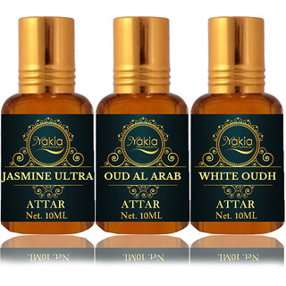                      Nakia Jasmine Ultra Attar, Oud Al Arab & White Oud Attar 10ml Roll-on Alcohol-Free Itar For Unisex Combo Pack Of 3                                              