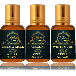                       Nakia Yellow Musk Attar, Al Sadaf & White Oud Attar 10ml Roll-on Alcohol-Free Itar For Unisex Combo Pack Of 3                                              