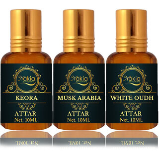                       Nakia Keora Attar, Musk Arabia & White Oud Attar 10ml Roll-on Alcohol-Free Itar For Unisex Combo Pack Of 3                                              