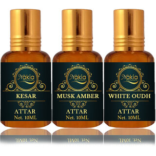                       Nakia Kesar Attar, Musk Amber & White Oud Attar 10ml Roll-on Alcohol-Free Itar For Unisex Combo Pack Of 3                                              