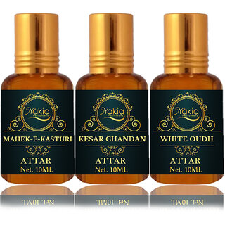                       Nakia Mahek-E-Kasturi Attar, Kesar Chandan & White Oud Attar 10ml Roll-on Alcohol-Free Itar For Unisex Combo Pack Of 3                                              