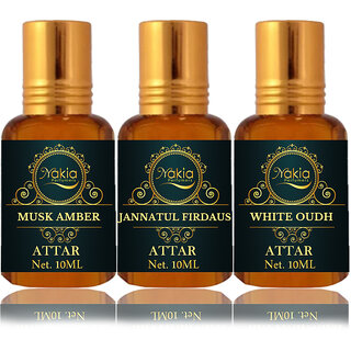                       Nakia Musk Amber Attar, Jasmine Plus  White Oud Attar 10ml Roll-on Alcohol-Free Itar For Unisex Combo Pack Of 3                                              