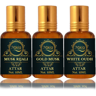                       Nakia Musk Rijali Attar, Gold Musk & White Oud Attar 10ml Roll-on Alcohol-Free Itar For Unisex Combo Pack Of 3                                              