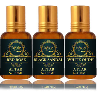                       Nakia Red Rose Attar, Black Sandal  White Oud Attar 10ml Roll-on Alcohol-Free Itar For Unisex Combo Pack Of 3                                              