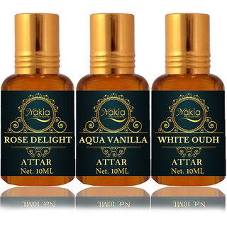                       Nakia Rose Delight Attar, Aqua Vanilla  White Oud Attar 10ml Roll-on Alcohol-Free Itar For Unisex Combo Pack Of 3                                              