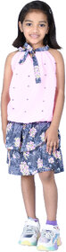 Kid Kupboard Cotton Girls Top and Skirt Light Pink Blue, Sleeveless, Round Neck
