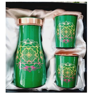                       Divian Presents Bedroom Meenakari Mandal Printed Bed Side Bottle with 2 Glass Set 1 Liter Green.                                              