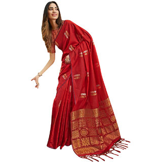                       Designer Red Linen Silk Weaven Saree                                              