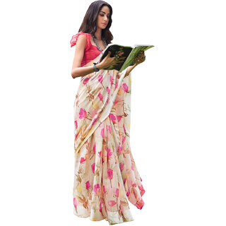                       Designer Off White Linen Printed Saree                                              