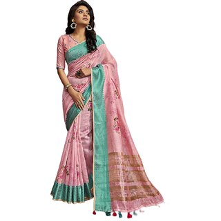                       Designer Resham Border Pink Digital Printed Linen Saree                                              