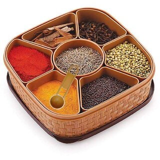                       Masala Box for Keeping Spices, Spice Box for Kitchen, Masala Container, Plastic Wooden Style, 7 Sections                                              