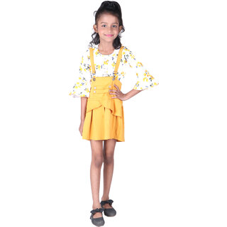                       Kid Kupboard Cotton Girls Top and Dungaree White Yellow, Full-Sleeves, Round Neck, Solid                                              