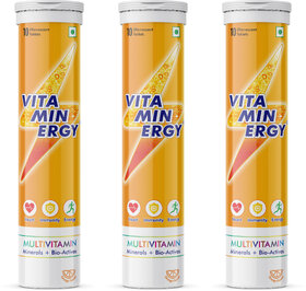Vitaminergy Multivitamin Effervescent Tablet (3 Tubes with 10 Effervescent Tablet) 20 Essential Vitamins,Orange Flavour