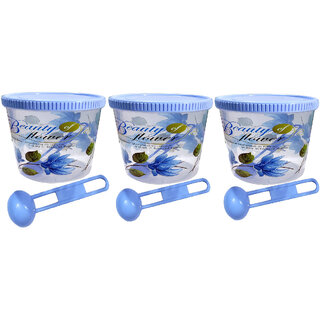Mannat Flower Plastic Round Shape Container with Spoon Airtight Kitchen Containers Set of 3-250 ml(Blue,Pack of 1)