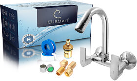 CUROVIT ARIA Brass Sink Mixer Swinging Spout Tap for Kitchen Basin with Foam Flow,Wall Flange,Leg Set,Cartridge,Tape
