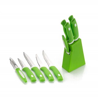                       Steel Knife Set of 6 pieces 5 Pcs Knife Set With Green Stand Plastic Green Kitchen Tool Set                                              