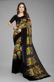 Black Colour Pure Georgette Printed Saree With Blouse Piece