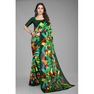                       Multicolour Pure Georgette Printed Saree With Blouse Piece                                              