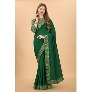                       Green Colour Vichitra Silk Embroidried Sarees                                              