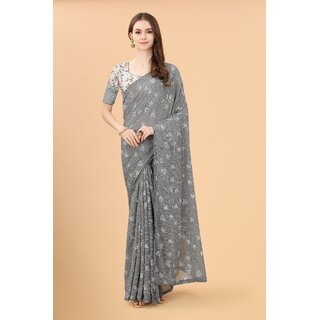                       Grey Colour Zoya Silk Digital Printed Saree With Lace Border                                              