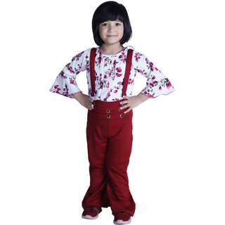 Kid Kupboard Cotton Girls Regular-Fit Top and Dungaree White  Maroon, Full-Sleeves, Pack of 1
