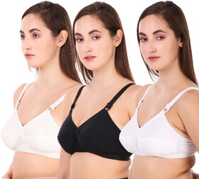 Cutons Pack of 3 Women Full Coverage Non Padded Cotton Bra Combo (White, Black  Off-White)