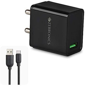 ZEBRONICS Zeb-MA5311Q 18W Rapid Charge USB Charger Adapter with 1 Metre Type C Cable 5V 3.1A Output for Mobile Phone/Tablets (Black)