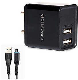 ZEBRONICS Zeb-MA5223 USB Charger Adapter with 1 Metre Micro USB Cable 2 USB Ports 2.4A Output for Mobile Phone/Tablets (Black)