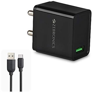 ZEBRONICS Zeb-MA5311Q 18W Rapid Charge USB Charger Adapter with 1 Metre Type C Cable 5V 3.1A Output for Mobile Phone/Tablets (Black)