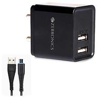                       ZEBRONICS Zeb-MA5223 USB Charger Adapter with 1 Metre Micro USB Cable 2 USB Ports 2.4A Output for Mobile Phone/Tablets (Black)                                              