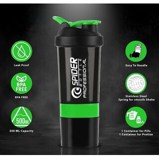 Mannat Spider Gym Protein Shaker Bottles With Sipper Lid 500 ml Shaker (Green,Pack of 1)