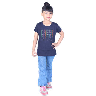                       Kid Kupboard Regular-Fit Girls Cotton T-Shirt Dark Blue, Half-Sleeves, Pack of 1                                              