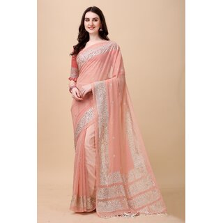                       SVB Sarees Peach And Silver Tonned Pure Silk Saree With Blouse                                              