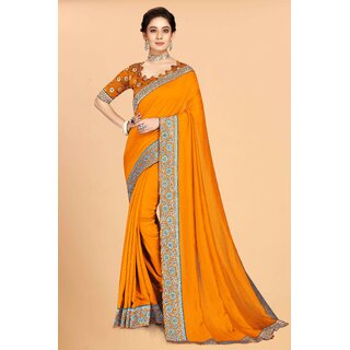                       SVB Sarees Orange Colour Solid Vichitra Silk Embroidried Sarees With Blouse                                              