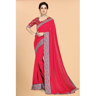                       SVB Sarees Pink Colour Solid Vichitra Silk Embroidried Sarees With Blouse                                              