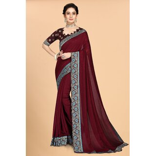 SVB Sarees Maroon Colour Solid Vichitra Silk Embroidried Sarees With Blouse