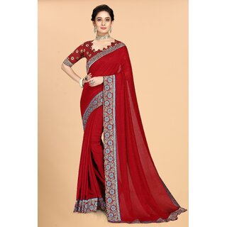                       SVB Sarees Red Colour Solid Vichitra Silk Embroidried Sarees With Blouse                                              