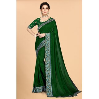                       SVB Sarees Green Colour Solid Vichitra Silk Embroidried Sarees With Blouse                                              