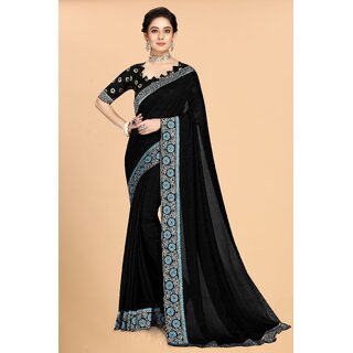                       SVB Sarees Black Colour Solid Vichitra Silk Embroidried Sarees With Blouse                                              