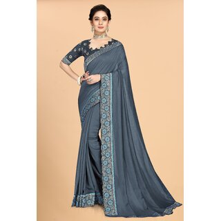                       SVB Sarees Grey Colour Solid Vichitra Silk Embroidried Sarees With Blouse                                              