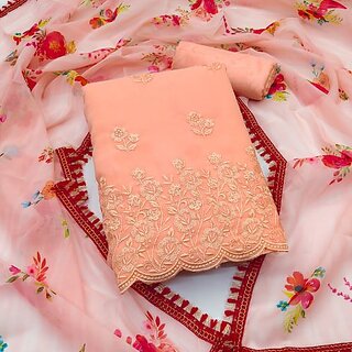                       Sharda Creation Orange Georgette Embroidered Unstitched Dress                                              